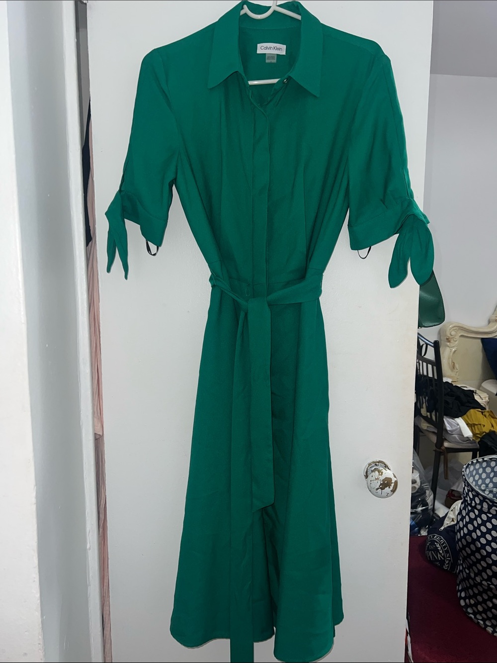 Calvin Klein Emerald Green Midi Shirt Dress with Tie Sleeves